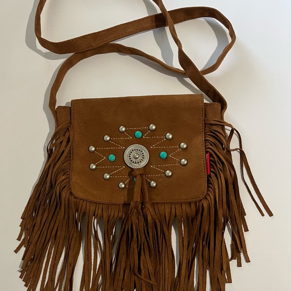 Union Bay‎ brown Western Fringe Crossbody Bag Purse Boho Hippie Faux Leather EUC
